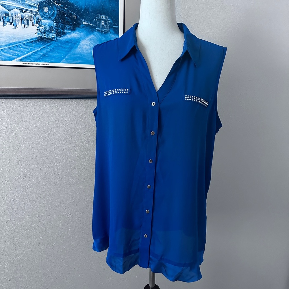 Alfani Sleeveless Button-Down Blouse in Cobalt Blue with Stud Accents